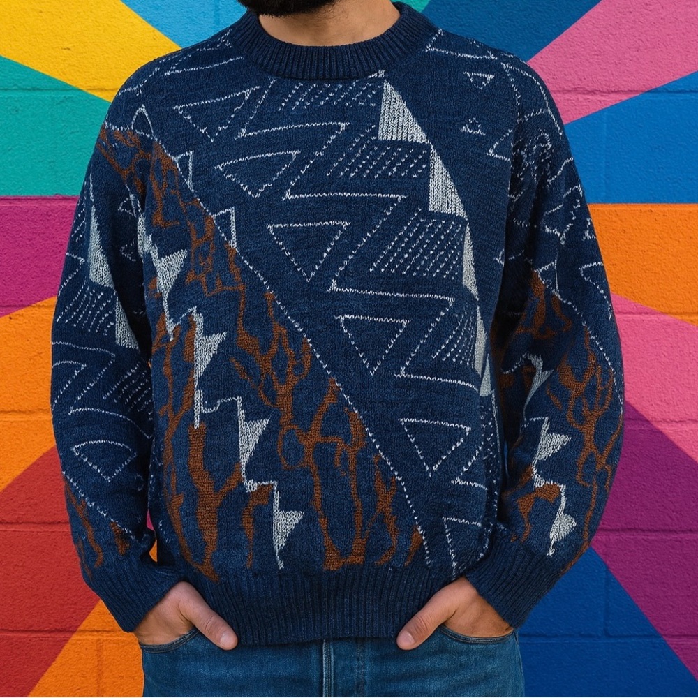 Men's Vintage Abstract Pattern Sweater - Blue, White, Brown. Size Small